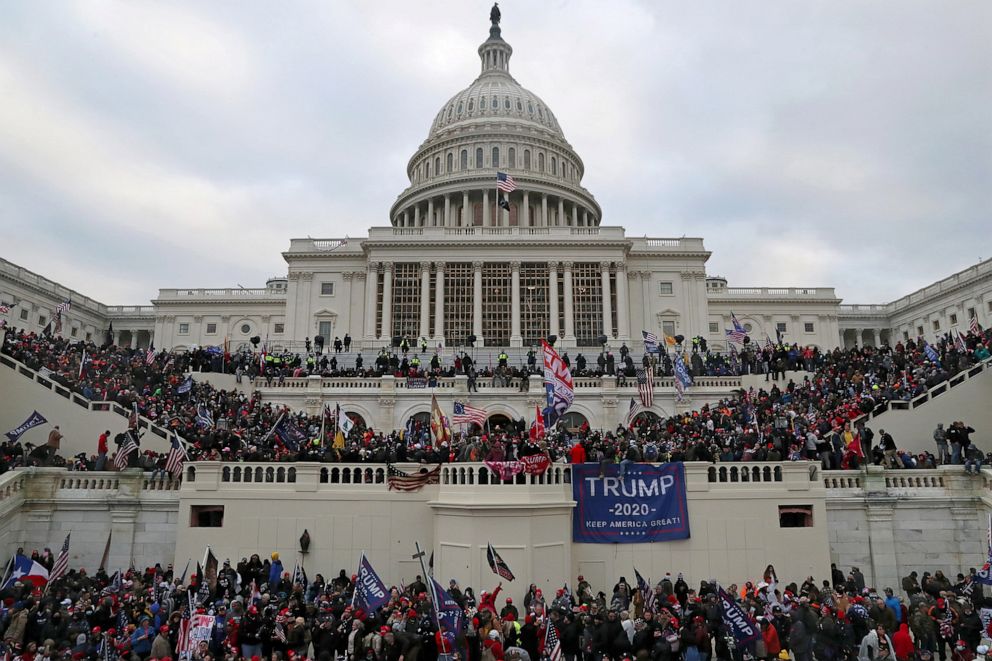 PHOTO: A mob of supporters of President Donald Trump storm the U.S. Capitol Building in Washington, Jan. 6, 2021. 