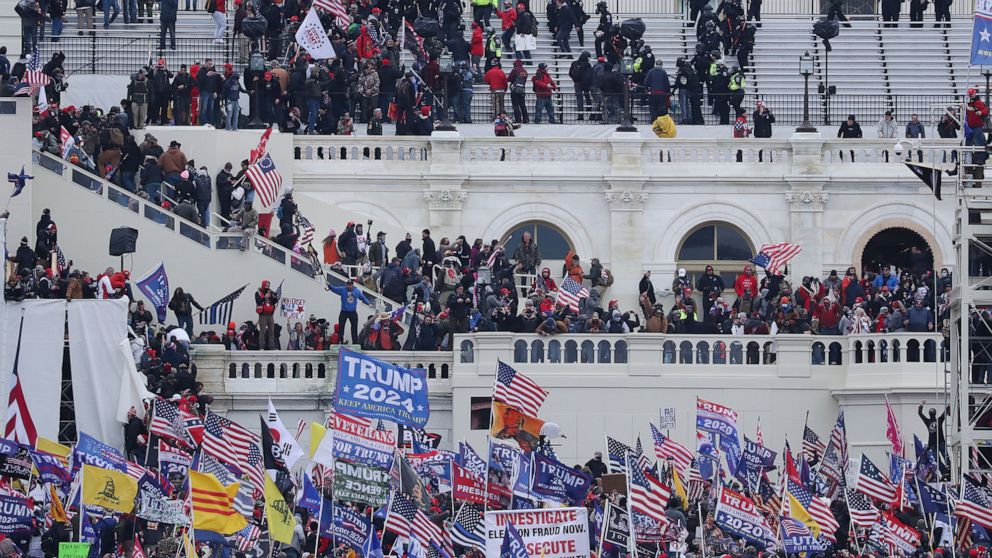 PHOTO: Pro-Trump protesters occupy the grounds of the West Front of the US Capitol, including the inaugural stage and viewing stands, in Washington, Jan. 6, 2021.