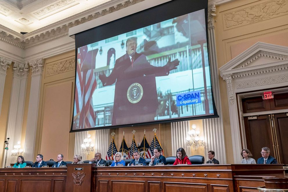 PHOTO: A video of former President Donald Trump speaking during a rally on Jan. 6, 2021 is shown before the House select committee investigating the Jan. 6 attack on the U.S. Capitol in Washington, June 9, 2022. 