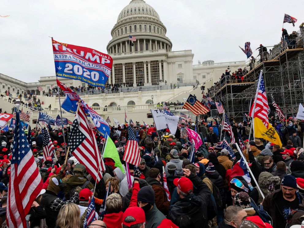 PHOTO: Demonstrators attempt to enter the U.S. Capitol building during a protest in Washington, D.C., Jan. 6, 2021.