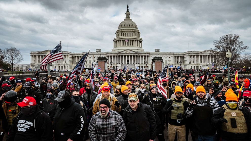 PHOTO: Pro-Trump protesters gather in front of the Capitol Building in Washington, Jan. 6, 2021. A pro-Trump mob stormed the Capitol, breaking windows and clashing with police officers.
