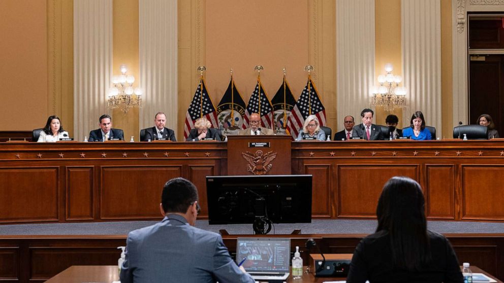 PHOTO: Members of the House Select Committee to Investigate the January 6th Attack on the U.S. Capitol vote to pass a motion in Washington, March 28, 2022.
