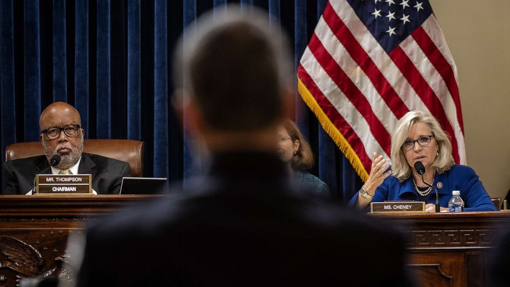PHOTO: Rep. Liz Cheney questions MPD Officer Michael Fanone while Rep. Bennie Thompson, chairman of the Select Committee to Investigate the January 6th Attack on the U.S. Capitol, listens during a hearing in Washington, July 27, 2021.