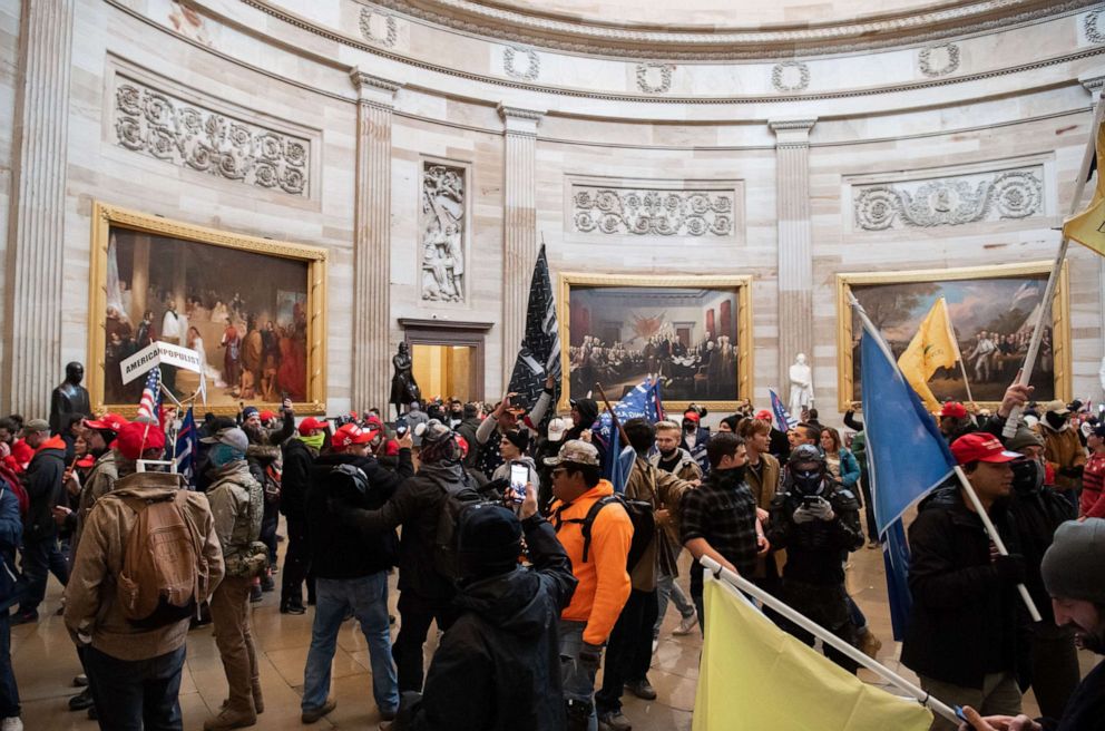 PHOTO: In this Jan. 6, 2021, file photo, supporters of President Trump walk around in the Rotunda after breaching the U.S. Capitol in Washington, D.C.