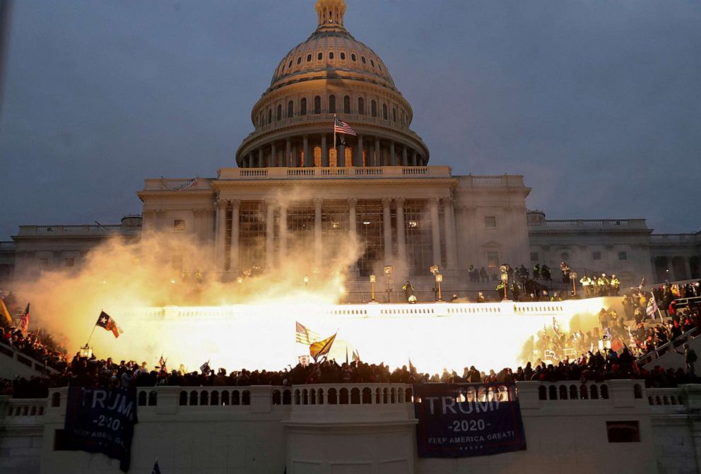 PHOTO: A police flash-bang grenade is used at 5:05 PM to disperse the remaining protesters at the U.S. Capitol in Washington, Jan. 6, 2021. The fight for this entrance went on for several hours.