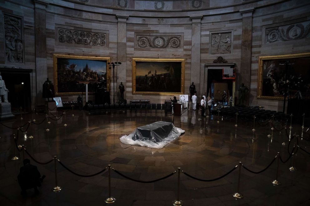 PHOTO: The catafalque is prepared where the casket of the late former President George H.W. Bush will lie in state sits inside the Rotunda of the U.S. Capitol, Dec. 3, 2018 in Washington.