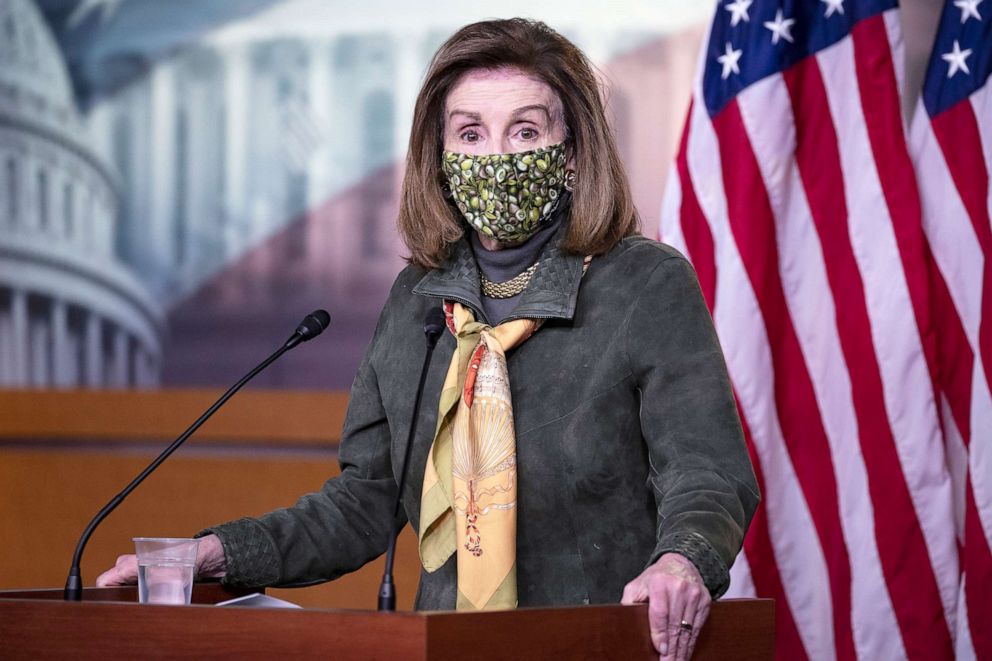 PHOTO: Speaker of the House Rep. Nancy Pelosi responds to questions on the creation of a commission to investigate the January 6 attack on the Capitol, during a news conference in Washington, Feb. 19, 2021.