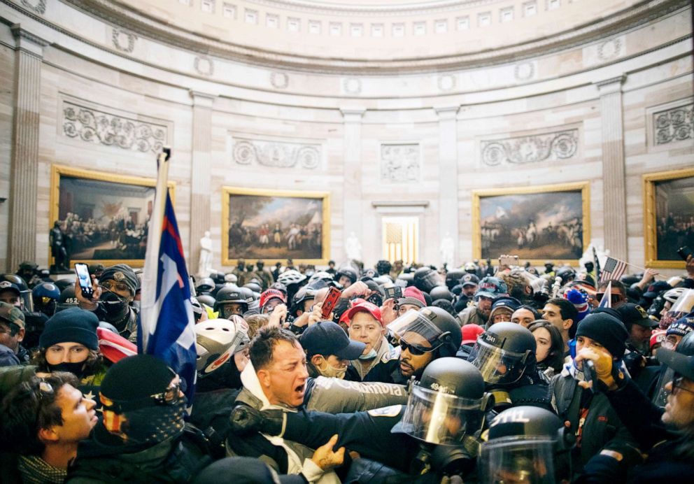 PHOTO: Police clash with supporters of President Donald Trump who breached security and entered the Capitol building in Washington, D.C., on Jan. 06, 2021.