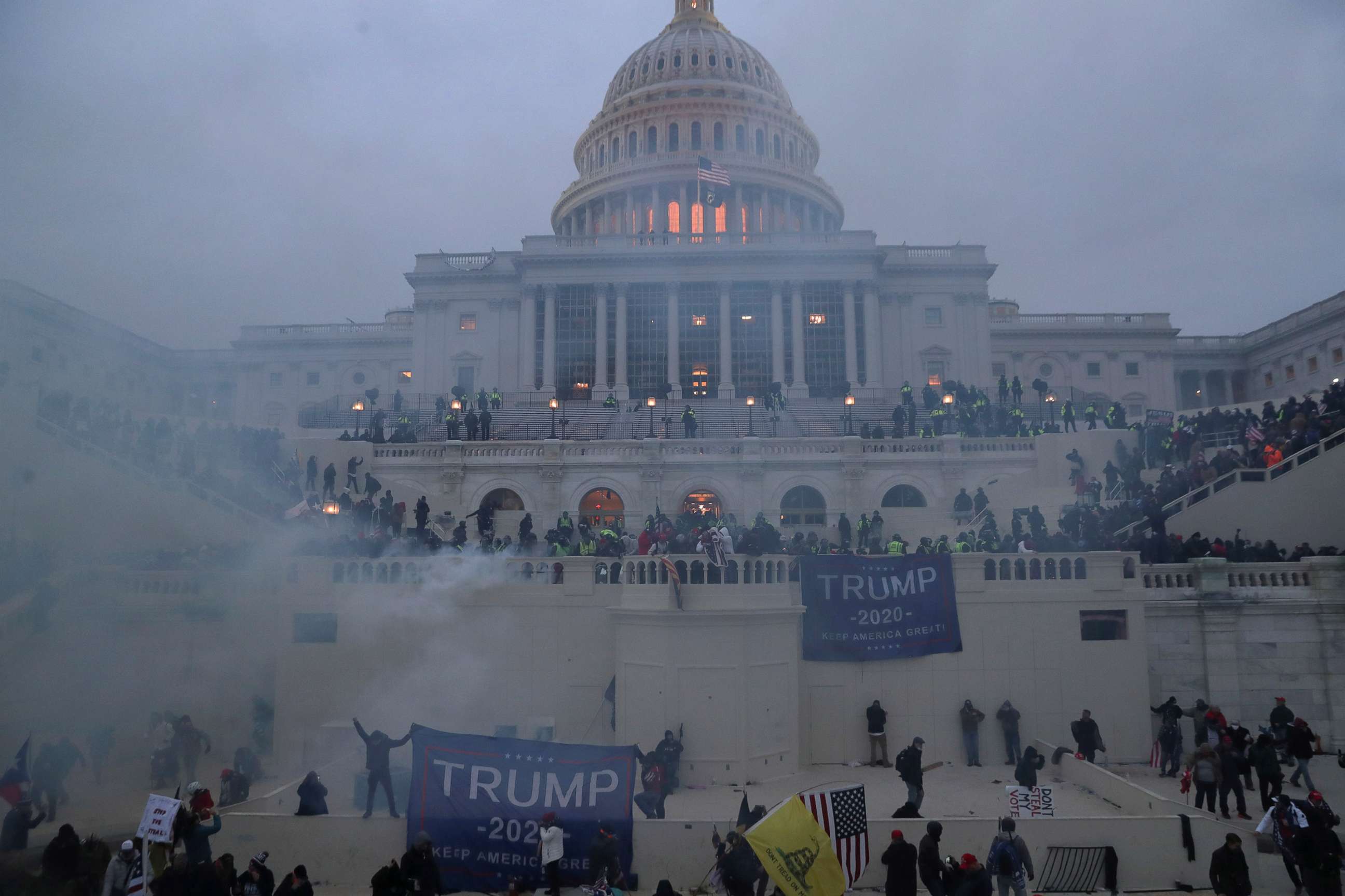 PHOTO: Police officers stand guard as supporters of President Donald Trump gather in front of the U.S. Capitol Building in Washington, D.C., Jan. 6, 2021.
