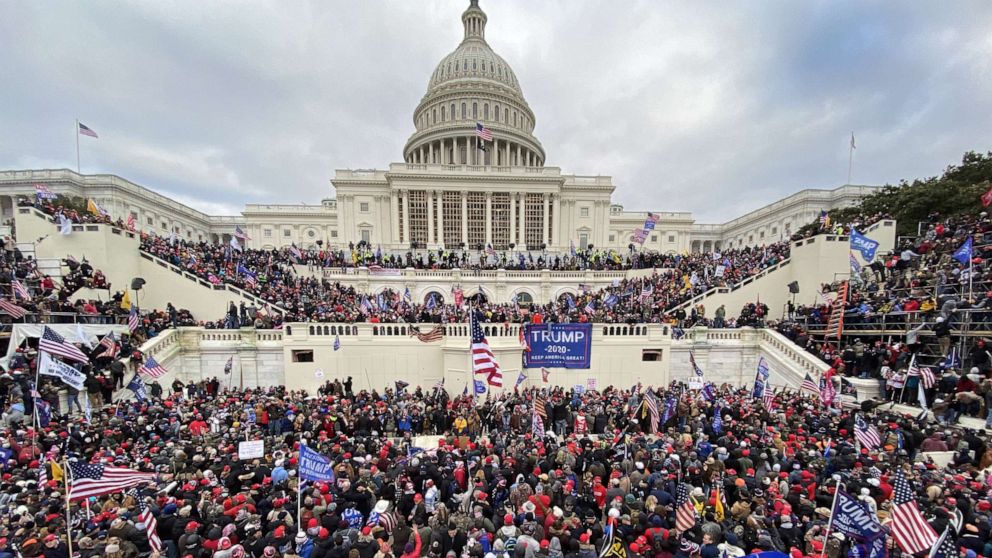 PHOTO: President Donald Trump's supporters gather outside the Capitol building in Washington D.C., on Jan. 06, 2021.