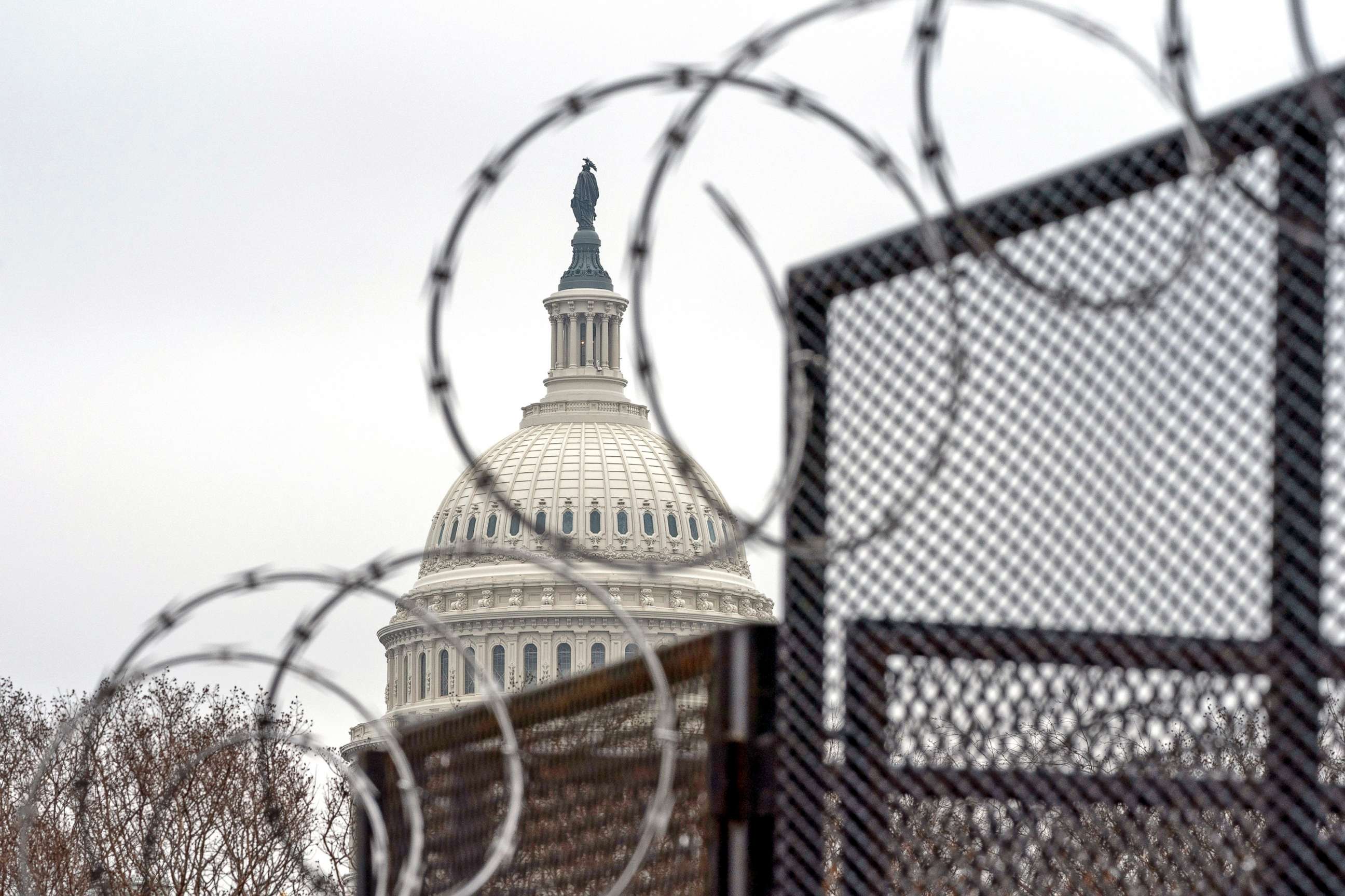 PHOTO: Razor wire tops the anti-scaling fence surrounding the perimetter of the U.S. Capitol, Feb. 11, 2021, in Washington, D.C. 