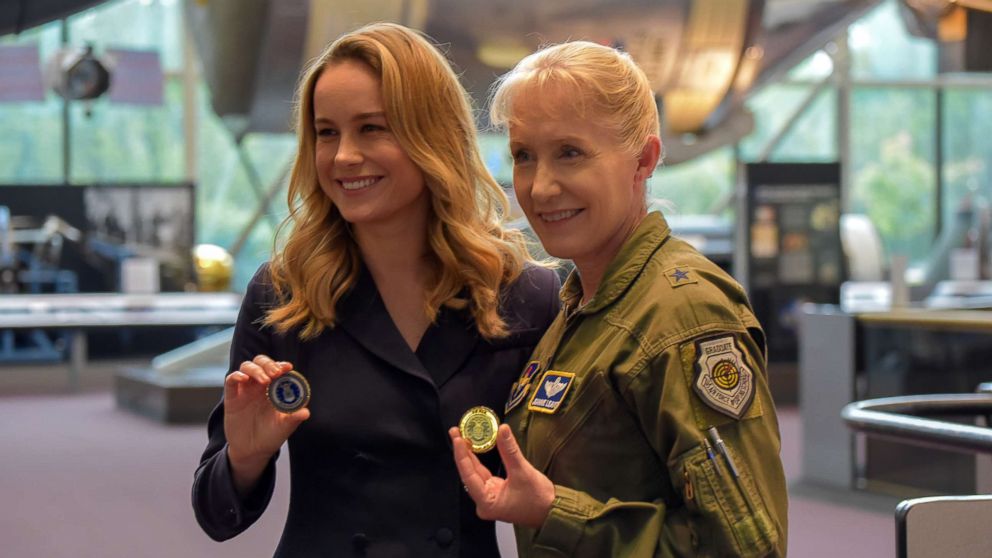 PHOTO: Actress Brie Larson poses for a photo with Brig. Gen. Jeannie Leavitt at the National Air and Space Museum, Smithsonian Institution in Washington, Sept. 18, 2018.