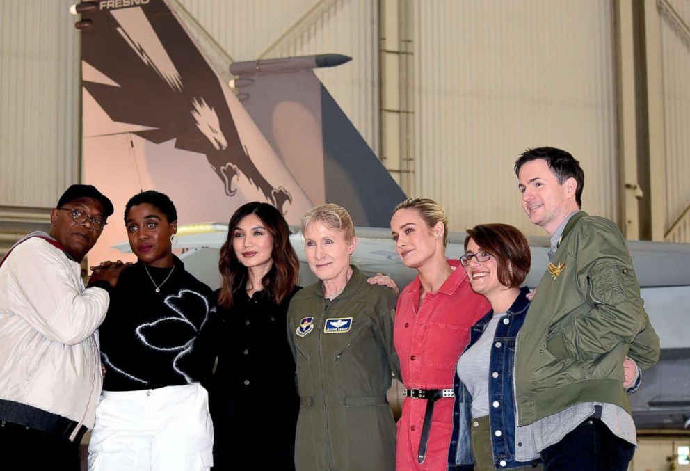 PHOTO: "Captain Marvel" cast members Samuel L. Jackson, Lashana Lynch, Gemma Chan and Brie Larson, along with directors Ryan Fleck and Anna Boden, take a photo with Gen. Jeannie Leavitt at Edwards Air Force Base, Calif., Feb. 20, 2019.