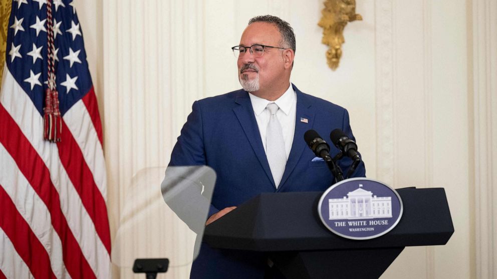 PHOTO: Education Secretary Miguel Cardona speaks during a back-to-school K-12 Cybersecurity Summit in the East Room of the White House, Aug. 8, 2023.