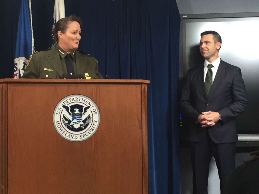PHOTO: Carla Provost speaks to reporters in Washington after being appointed chief of the U.S. Border Patrol by Customs and Border Protection Commissioner Kevin McAleenan, seen standing behind her. Aug. 9, 2018.