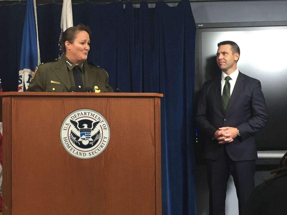 PHOTO: Carla Provost speaks to reporters in Washington after being appointed chief of the U.S. Border Patrol by Customs and Border Protection Commissioner Kevin McAleenan, seen standing behind her. Aug. 9, 2018.