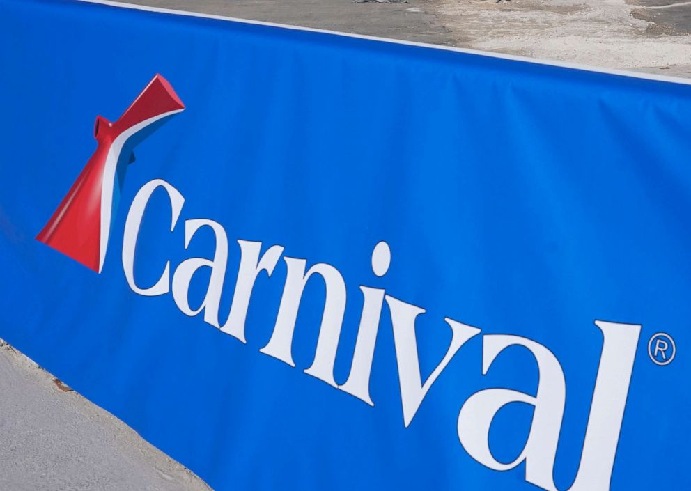 PHOTO: This Jan. 29, 2021, file photo shows a Carnival Cruise Line sign at PortMiami in Miami.