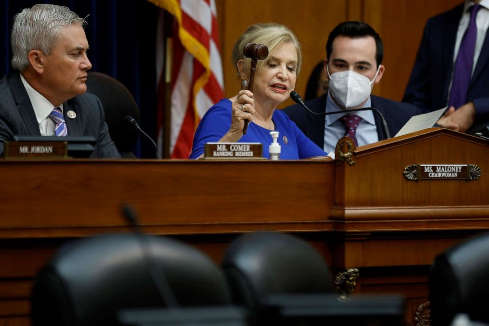 PHOTO: House Oversight and Government Reform Committee Chair Carolyn Maloney gavels down member Rep. Byron Donalds after he continued to interrupt a hearing about sexual harassment in the NFL, on Capitol Hill, on June 22, 2022, in Washington, D.C.