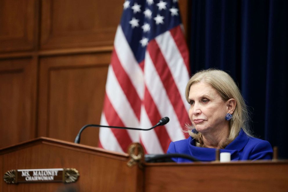 PHOTO: In this Nov. 16, 2021, file photo, Chairwoman Rep. Carolyn Maloney speaks at a hearing with the House Committee on Oversight and Reform in the Rayburn House Office Building in Washington, D.C.