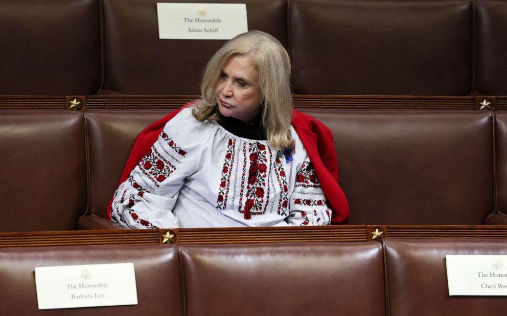 PHOTO: Rep. Carolyn Maloney wears traditional Ukrainian clothing as she waits to attend President Joe Biden's State of the Union address to a joint session of the U.S. Congress at the Capitol in Washington, D.C., on March 1, 2022.