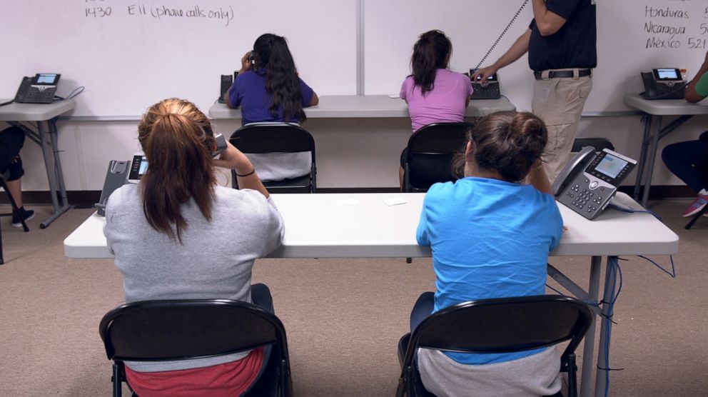 PHOTO: Youths use phones at the U.S. Department of Health and Human Services' unaccompanied minors migrant detention facility at Carrizo Springs, Texas, July 5, 2019.