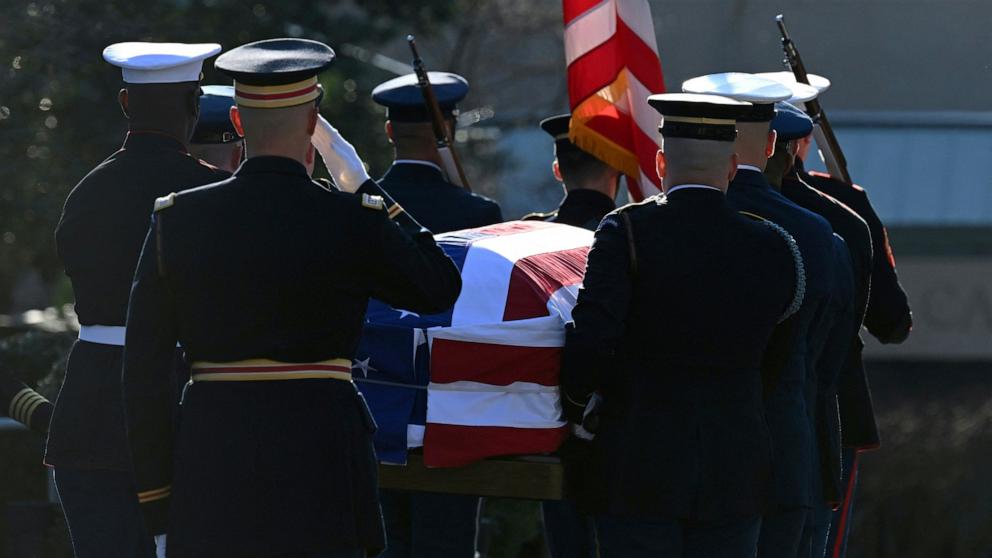 PHOTO: A military body bearer team moves the casket of former President Jimmy Carter at the Jimmy Carter Presidential Library and Museum to lie in repose in Atlanta, Jan. 4, 2025. 