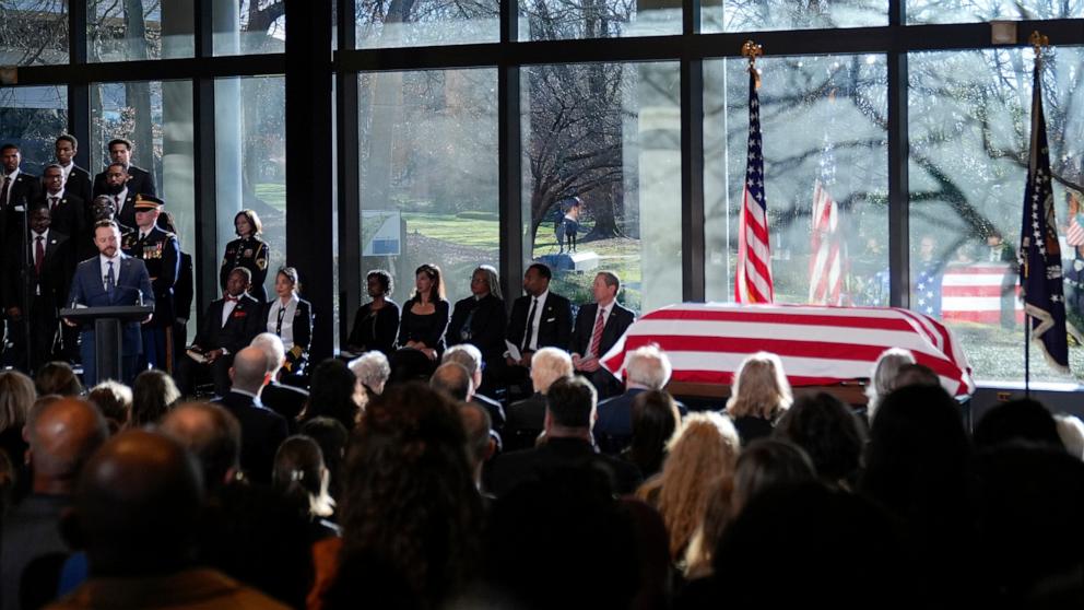 PHOTO: Jason Carter, grandson of former President Jimmy Carter, speaks as the flag-draped casket of former President Jimmy Carter lies in repose at the Jimmy Carter Presidential Library and Museum in Atlanta, Jan. 4, 2025.