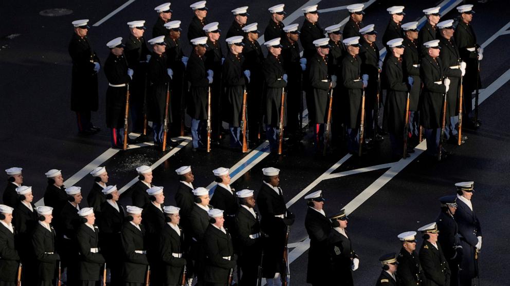 PHOTO: Members of the U.S. Navy line up to march with the casket of former President Jimmy Carter before it arrives at the U.S. Navy Memorial to travel to the Capitol in Washington to lie in state, Jan. 7, 2025.   