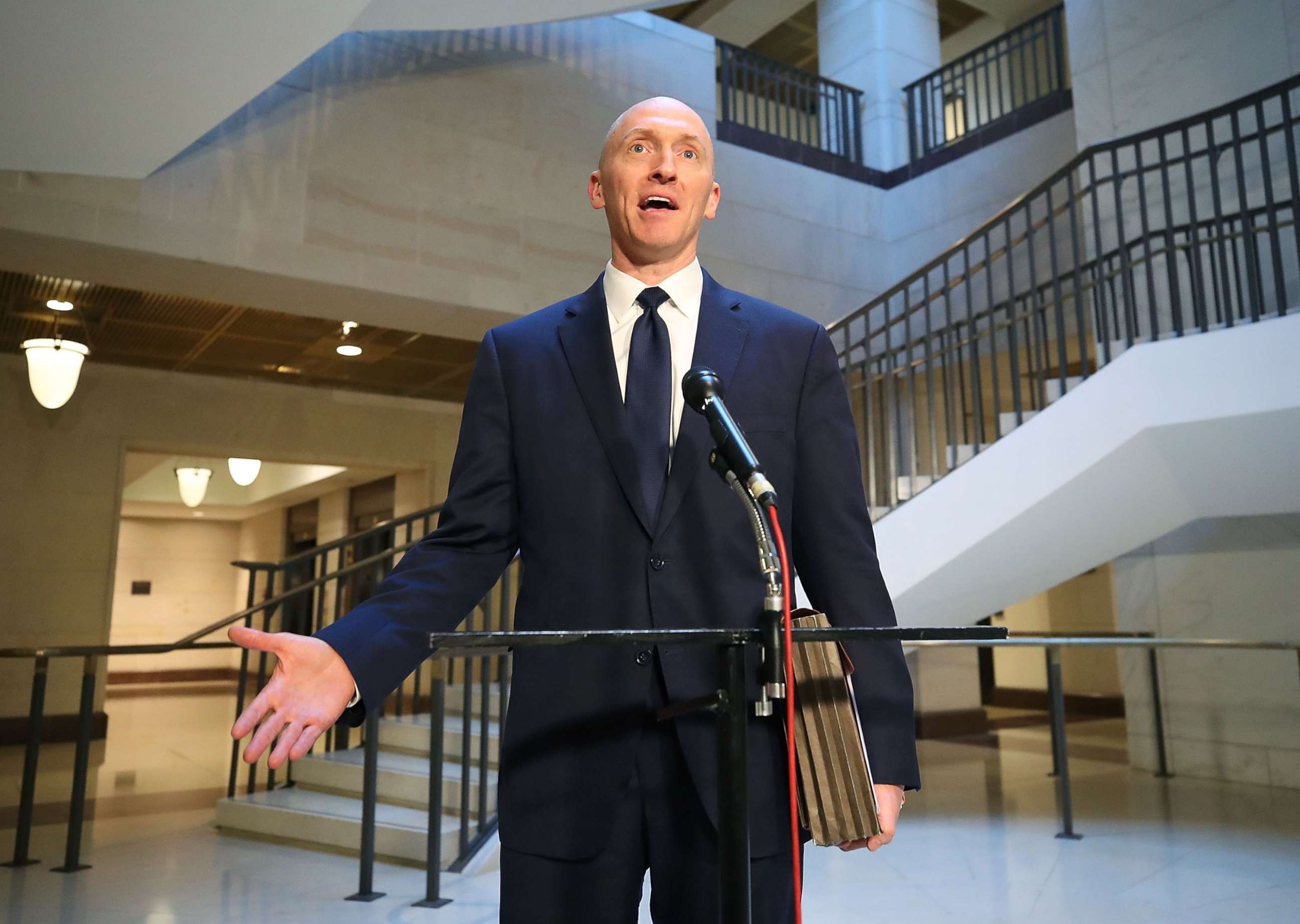 PHOTO: Carter Page, a former foreign policy adviser for the Trump campaign, speaks to the media after testifying before the House Intelligence Committee, Nov. 2, 201,7 in Washington, DC.