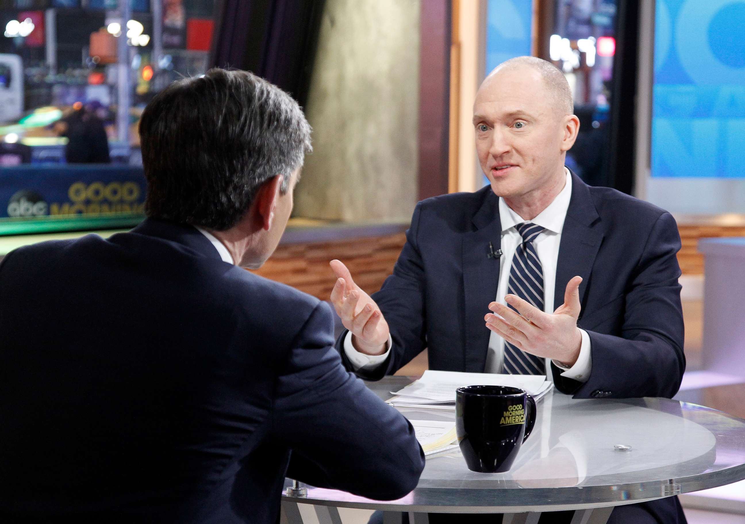 PHOTO: Carter Page, former foreign-policy adviser to Donald Trump's 2016 Presidential campaign, is interviewed by George Stephanopoulos, Feb. 6, 2018.