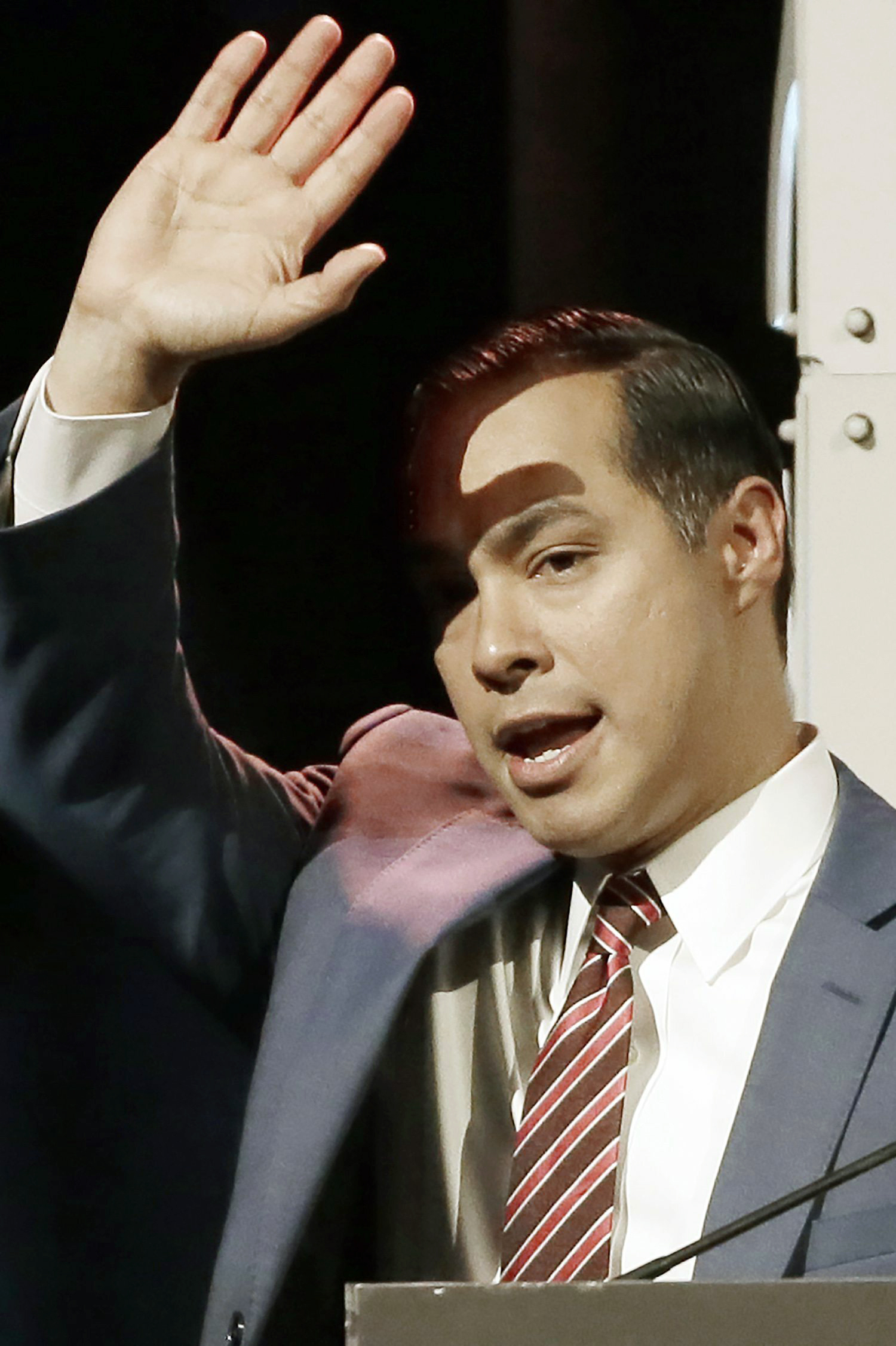 PHOTO:Democratic presidential candidate Julian Castro waves as he leaves a forum sponsored by Netroots, July 13, 2019, in Philadelphia.