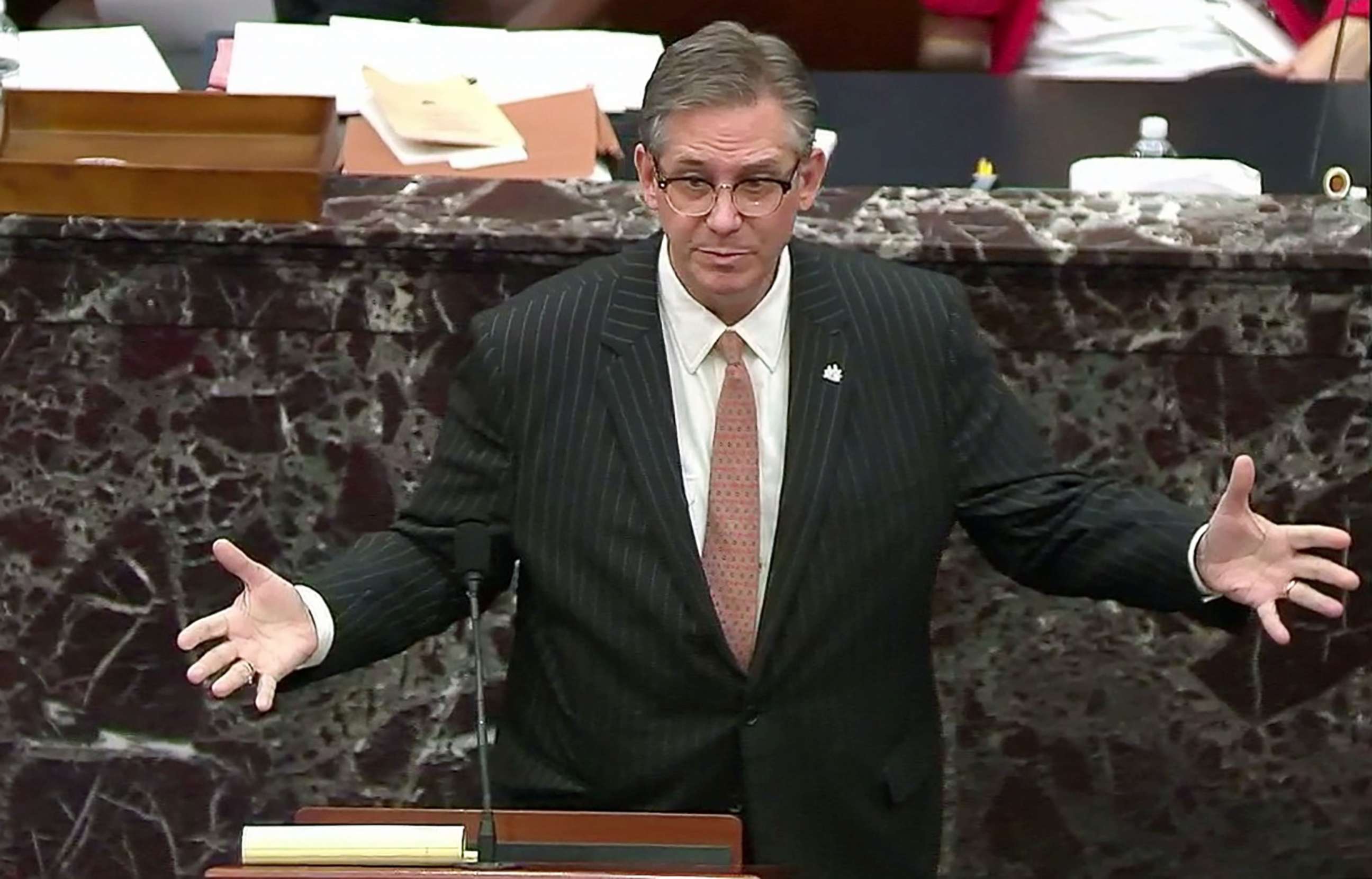 PHOTO: Attorney Bruce Castor, representing and defending former President Donald Trump, addresses the U.S. Senate as it begins the second impeachment trial, on charges of inciting the deadly attack on the U.S. Capitol, Feb. 9, 2021, in Washington, D.C.