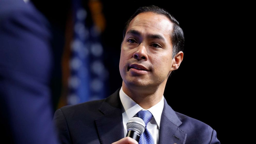 PHOTO: Former Housing and Urban Development Secretary and Democratic presidential candidate Julian Castro listens to a question at the J Street National Conference, with the hosts of "Pod Save the World," Oct. 28, 2019, in Washington.
