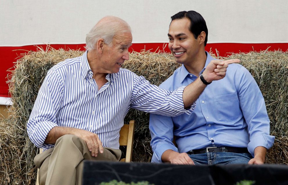 PHOTO: In this Sept. 15, 2013 file photo, Vice President Joe Biden talks with Julian Castro, right, during Iowa Sen. Tom Harkin's annual fundraising steak fry dinner in Indianola, Iowa.