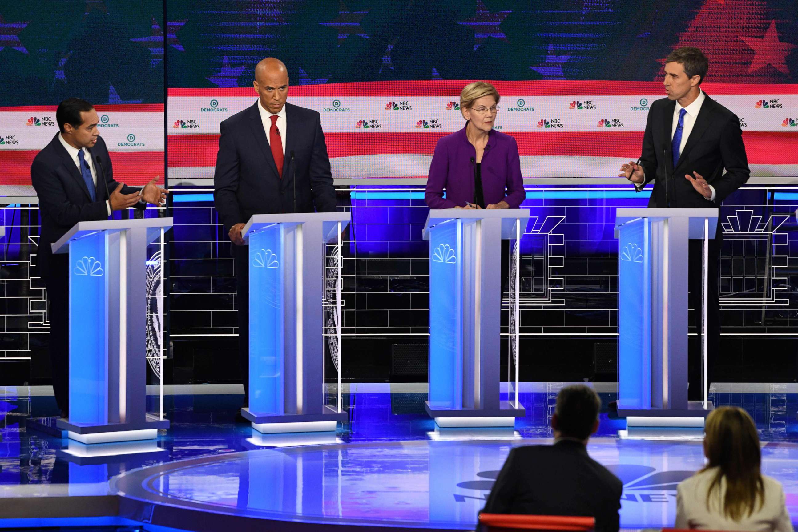 PHOTO: Julian Castro, Cory Booker, Elizabeth Warren and Beto O'Rourke participate in the first Democratic primary debate hosted by NBC News at the Adrienne Arsht Center for the Performing Arts in Miami, Florida, June 26, 2019.