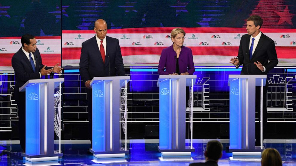 PHOTO: Julian Castro, Cory Booker, Elizabeth Warren and Beto O'Rourke participate in the first Democratic primary debate hosted by NBC News at the Adrienne Arsht Center for the Performing Arts in Miami, Florida, June 26, 2019.