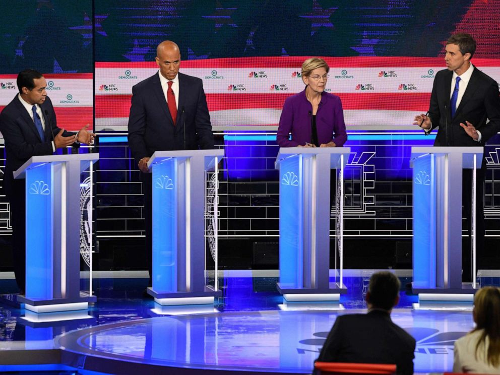 PHOTO: Julian Castro, Cory Booker, Elizabeth Warren and Beto ORourke participate in the first Democratic primary debate hosted by NBC News at the Adrienne Arsht Center for the Performing Arts in Miami, Florida, June 26, 2019.