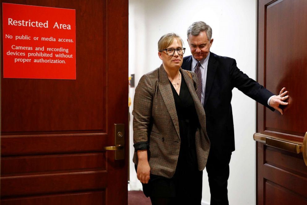 PHOTO: State Department adviser on Ukraine, Catherine Croft departs a secure area of the Capitol after a closed door meeting where she testified as part of the House impeachment inquiry into President Donald Trump in Washington, D.C., Oct. 30, 2019.