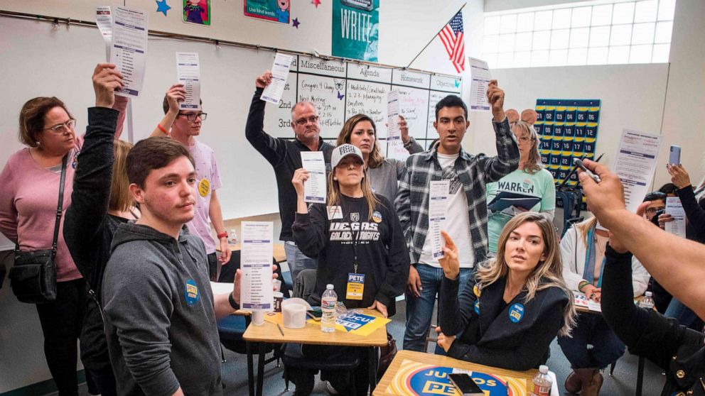 PHOTO: A volunteer counts votes during the Nevada caucuses to nominate a Democratic presidential candidate at the caucus polling station inside the Coronado High School in Las Vegas, Nevada, on February 22, 2020.