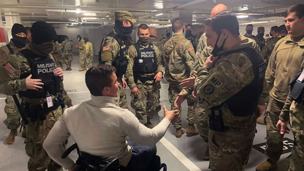 PHOTO: Rep. Madison Cawthorn posted images from his visit with National Guard troops resting in a parking garage near the U.S. Capitol, Jan. 21, 2021.