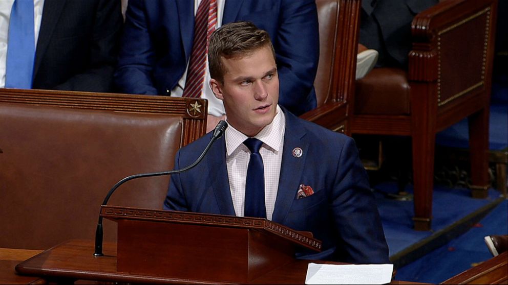 PHOTO: Rep. Madison Cawthorn speaks as the House debates the objection to confirm the Electoral College vote from Pennsylvania, at the U.S. Capitol early Jan. 7, 2021.
