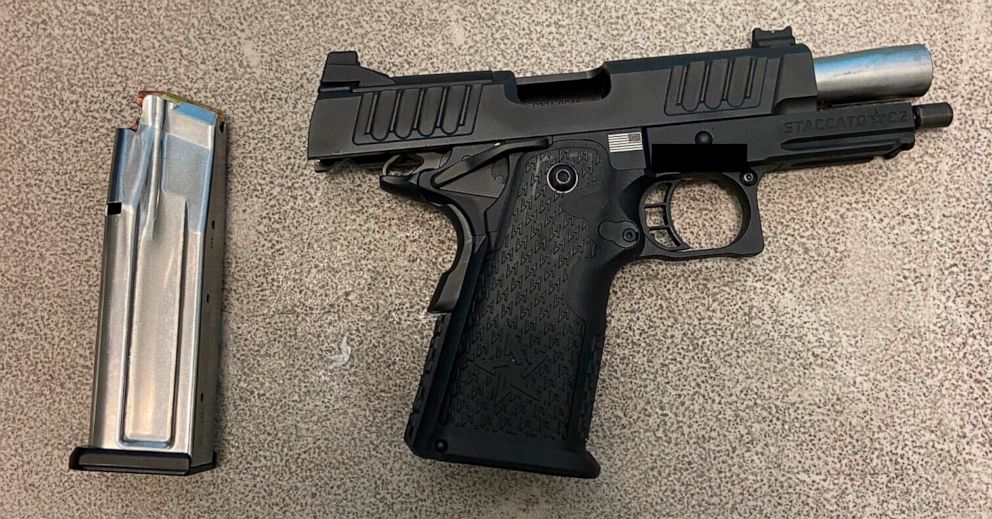 PHOTO: This photo provided by the Transportation Security Administration shows a 9mm Staccato C2 handgun found in Rep. Madison Cawthorn's carry-on bag at a Charlotte Douglas International Airport security checkpoint, April 26, 2022.