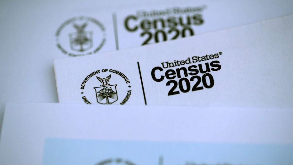 PHOTO: In this March 19, 2020, file photo, the U.S. Census logo appears on census materials received in the mail with an invitation to fill out census information online, in San Anselmo, Calif.
