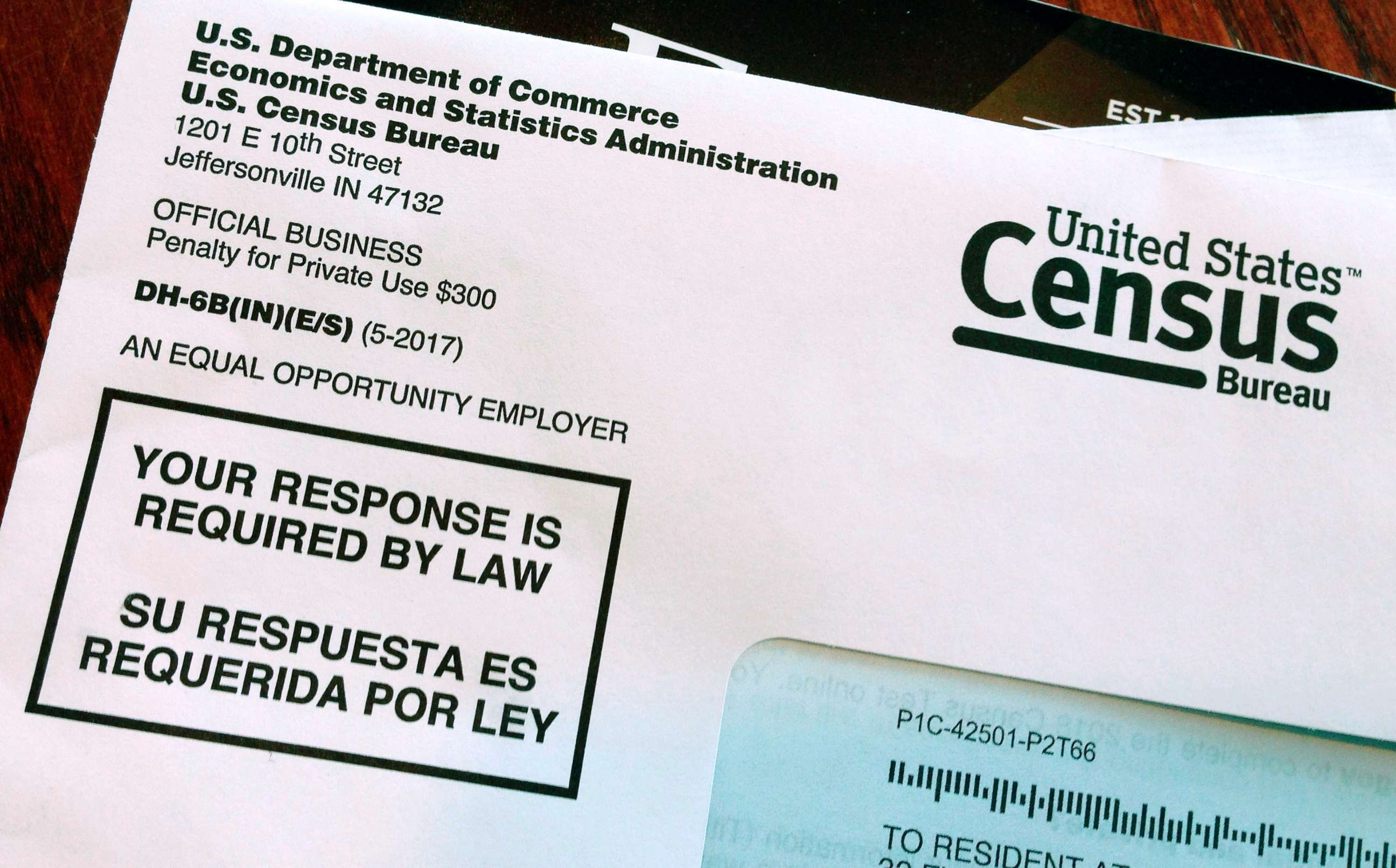 PHOTO: An envelope containing a 2018 census letter mailed to a U.S. resident as part of the nation's only test run of the 2020 Census, March 23, 2018.
