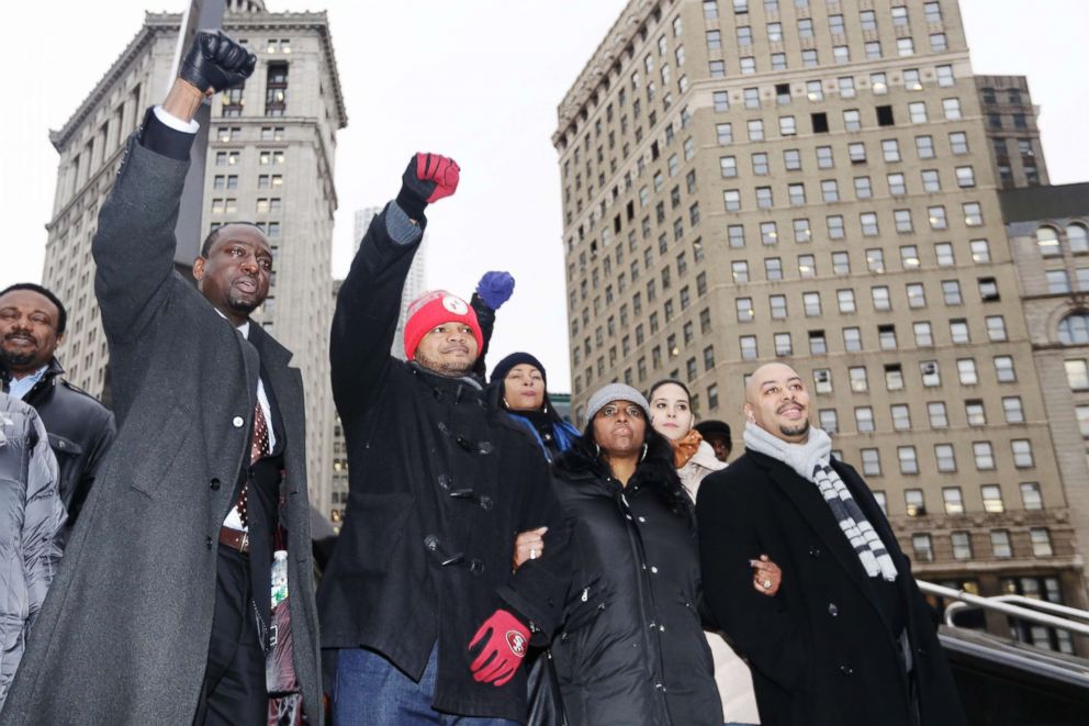 PHOTO: Yusef Salaam, left, Kevin Richardson, second left, and Raymond Santana, right, react to supporters in New York, Jan. 17, 2012. The three men who were exonerated in the 1989 Central Park Jogger case.