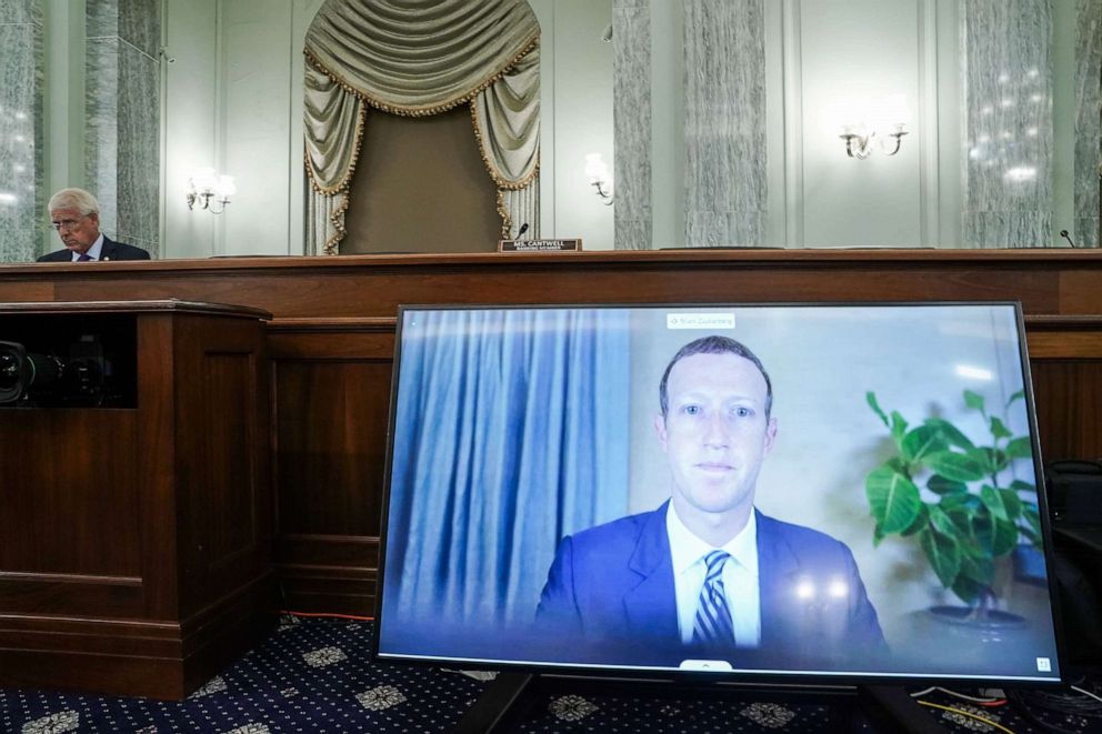 PHOTO: CEO of Facebook Mark Zuckerberg appears on a monitor as he testifies remotely during a Senate hearing to discuss reforming Section 230 of the Communications Decency Act with big tech companies, on Capitol Hill, Oct. 28, 2020 in Washington.