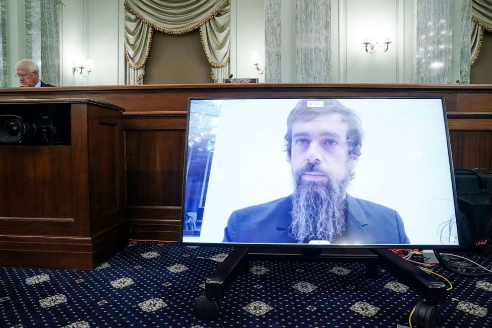 PHOTO: Twitter CEO Jack Dorsey appears on a monitor as he testifies remotely during a Senate hearing to discuss reforming Section 230 of the Communications Decency Act with big tech companies, on Capitol Hill, Oct. 28, 2020 in Washington.