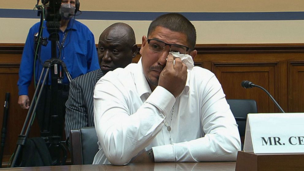 PHOTO: Miguel Cerrillo, the father of Miah Cerrillo, a student who survived the May 24 school shooting in Uvalde, Texas, wipes a tear during a House Oversight Committee hearing on Capitol Hill in Washington, D.C., June 8, 2022.