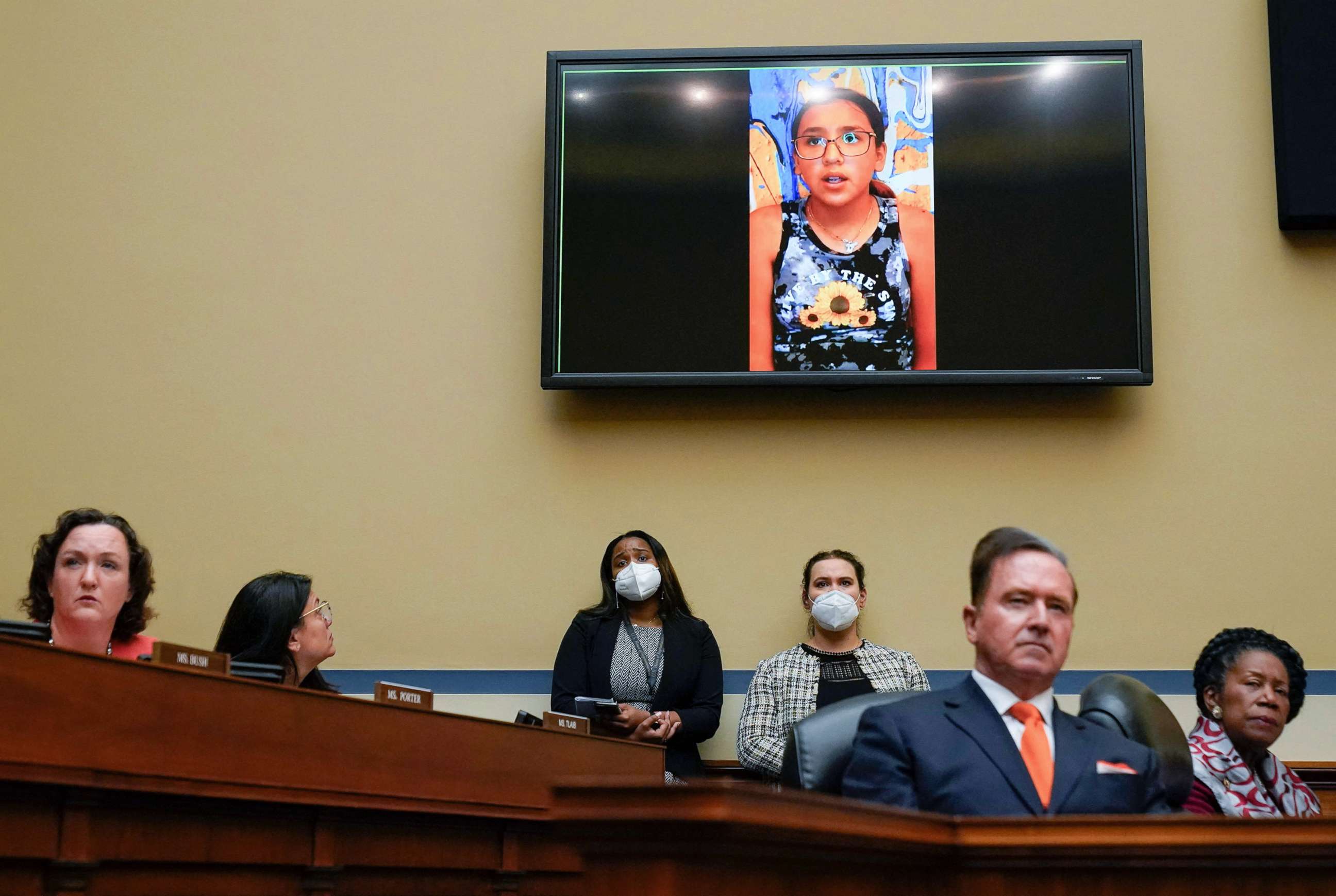 PHOTO: Miah Cerrillo, a fourth grade student at Robb Elementary School in Uvalde, Texas, and survivor of the mass shooting appears on a screen during a House Committee on Oversight and Reform hearing on gun violence in Washington, D.C., June 8, 2022. 