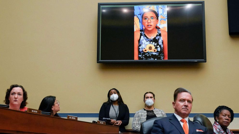 PHOTO: Miah Cerrillo, a fourth grade student at Robb Elementary School in Uvalde, Texas, and survivor of the mass shooting appears on a screen during a House Committee on Oversight and Reform hearing on gun violence in Washington, D.C., June 8, 2022. 